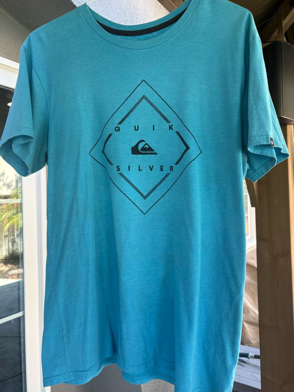 Quiksilver Men's Teal Graphic Short Sleeve Tee with Black Logo